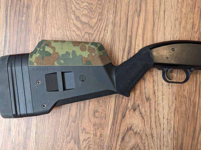 Magpul SGA stock with the cheek riser wrapped in Flecktarn and the grip in Black Cordura 1000D — Combat Textiles