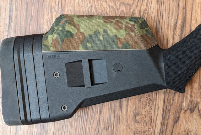 Magpul SGA stock for the Remington 870 with the cheek riser wrapped in Flecktarn and the grip in Black Cordura 1000D — Combat Textiles