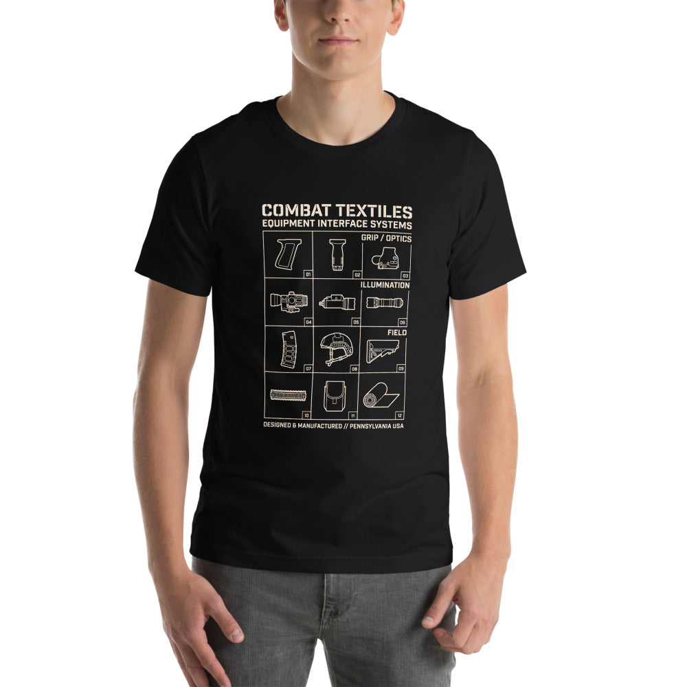 The Grid Tee — Black, worn, front — Combat Textiles
