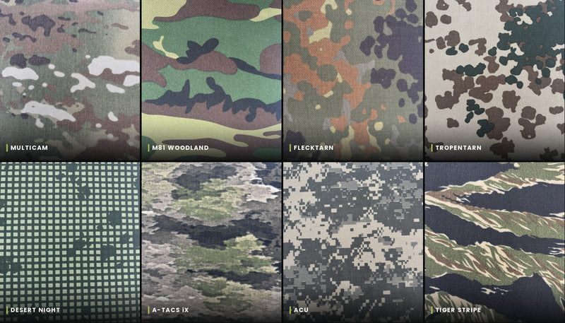 Eight Cordura 1000D camouflage swatches: MultiCam, M81 Woodland, Flecktarn, Tropentarn, Desert Night Camo, A-TACS iX, ACU and Tiger Stripe