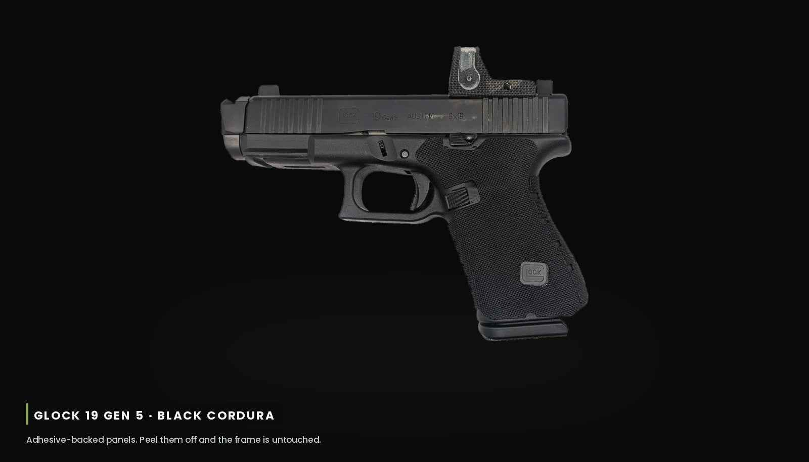 Glock 19 Gen 5 fitted with a black Cordura 1000D grip wrap