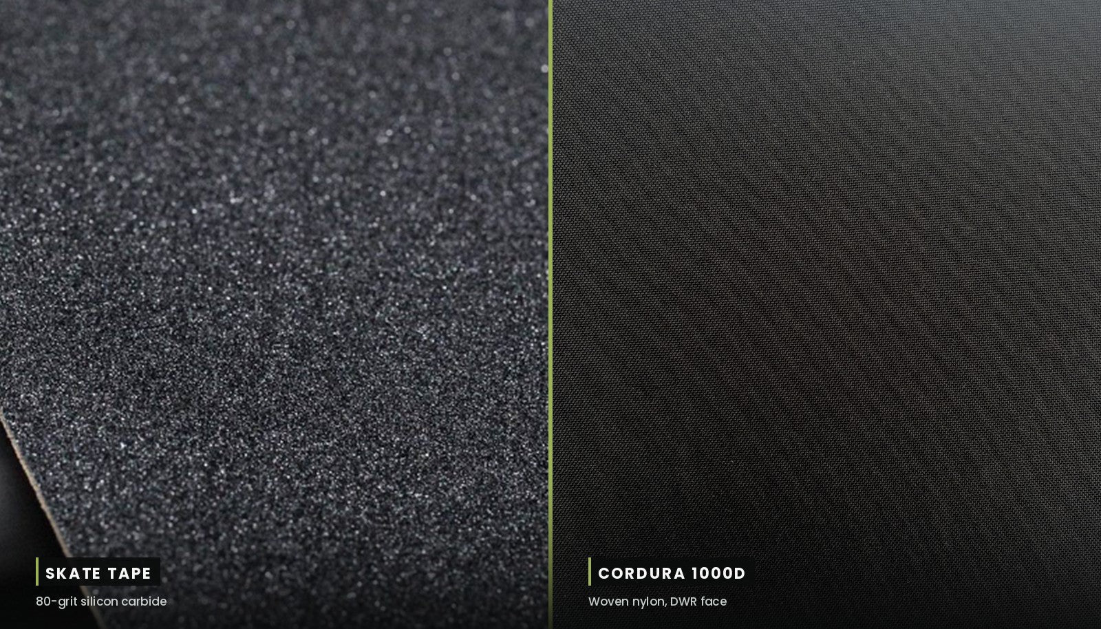 Macro comparison of 80-grit skate grip tape beside woven Cordura 1000D nylon