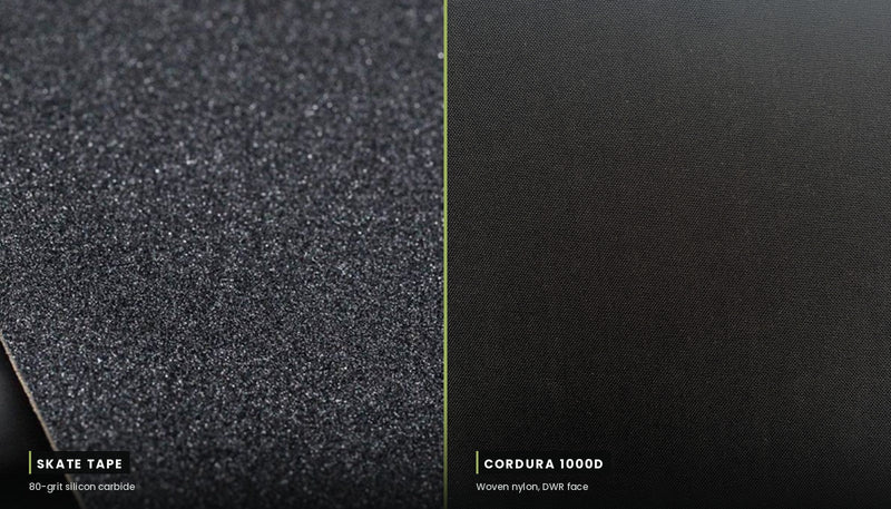 Macro comparison of 80-grit skate grip tape beside woven Cordura 1000D nylon
