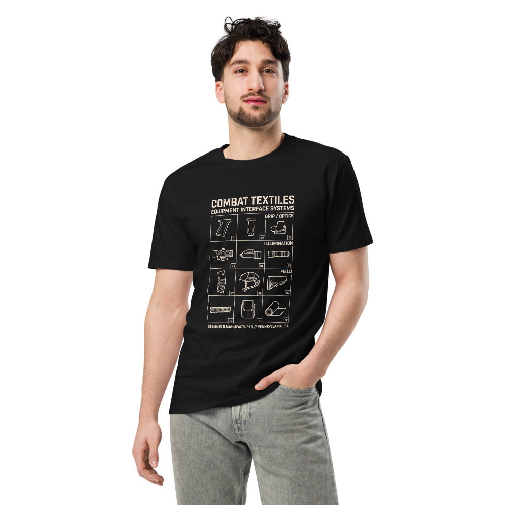 The Grid Tee — Black, worn, front — Combat Textiles