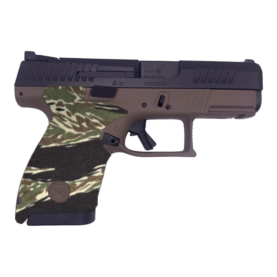 Cordura 1000D grip wrap on the CZ P-10 S in Tiger Stripe (Green/Black) - Combat Textiles