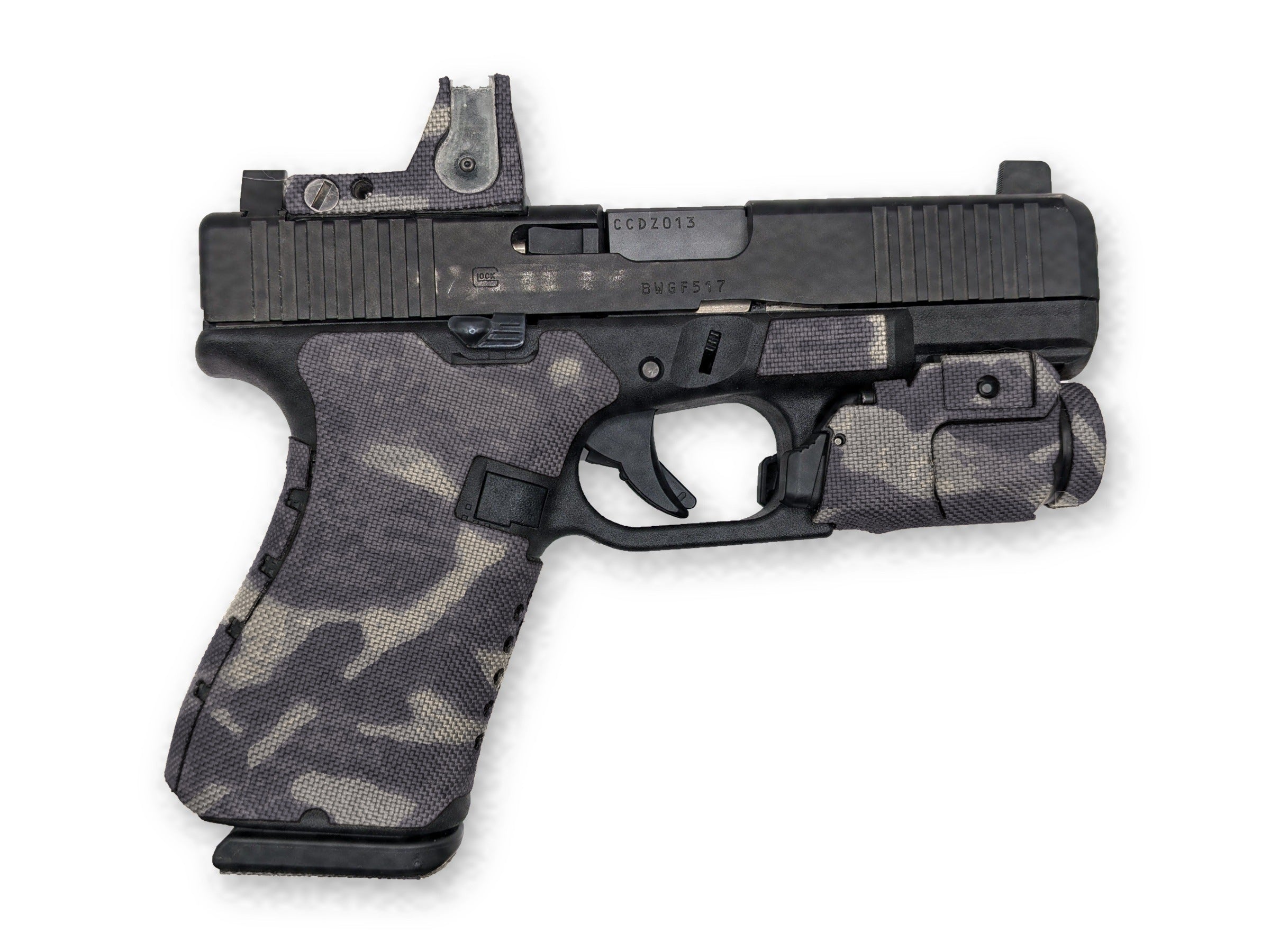 Grip Kit for GLOCK G19/G23/G32 Pistols - Cordura 1000D wrap installed on a Glock 19 Gen 5 in MultiCam Black - Combat Textiles