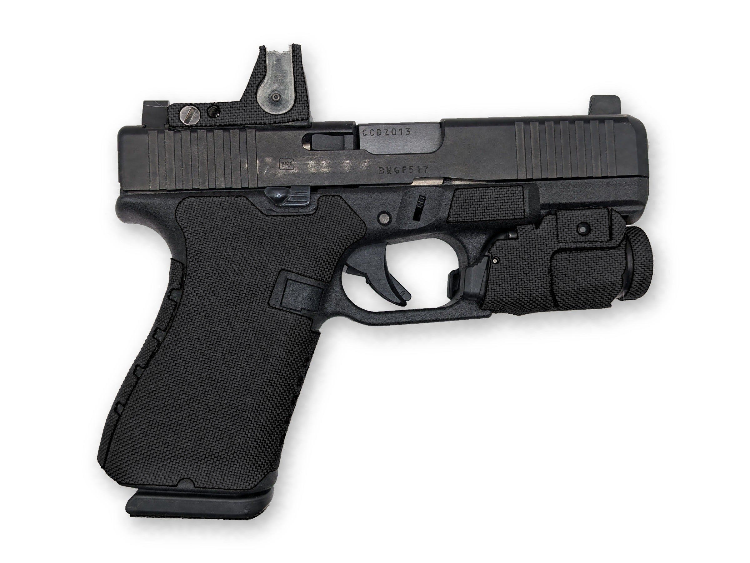 Grip Kit for GLOCK G19/G23/G32 Pistols - Cordura 1000D wrap installed on a Glock 19 Gen 5 in Black - Combat Textiles