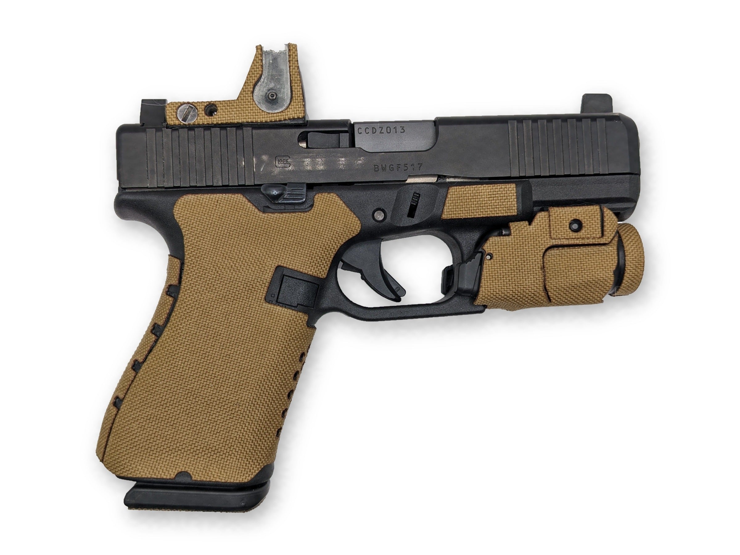 Grip Kit for GLOCK G19/G23/G32 Pistols - Cordura 1000D wrap installed on a Glock 19 Gen 5 in Coyote - Combat Textiles