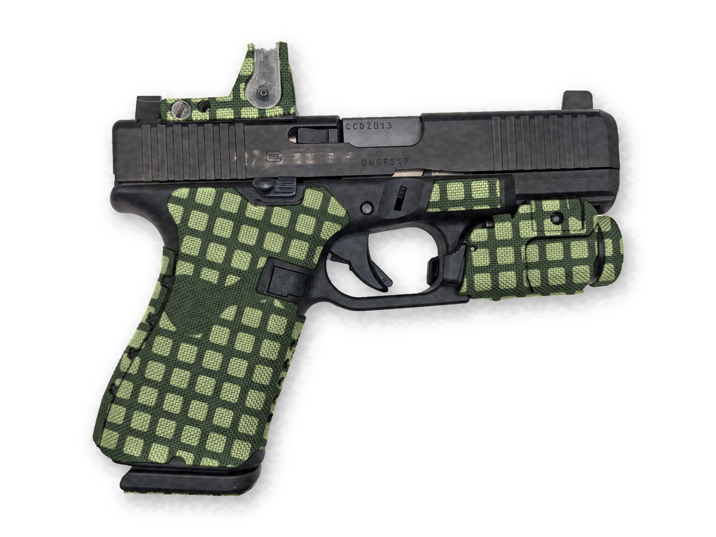 Grip Kit for GLOCK G19/G23/G32 Pistols - Cordura 1000D wrap installed on a Glock 19 Gen 5 in Desert Night Camo - Combat Textiles