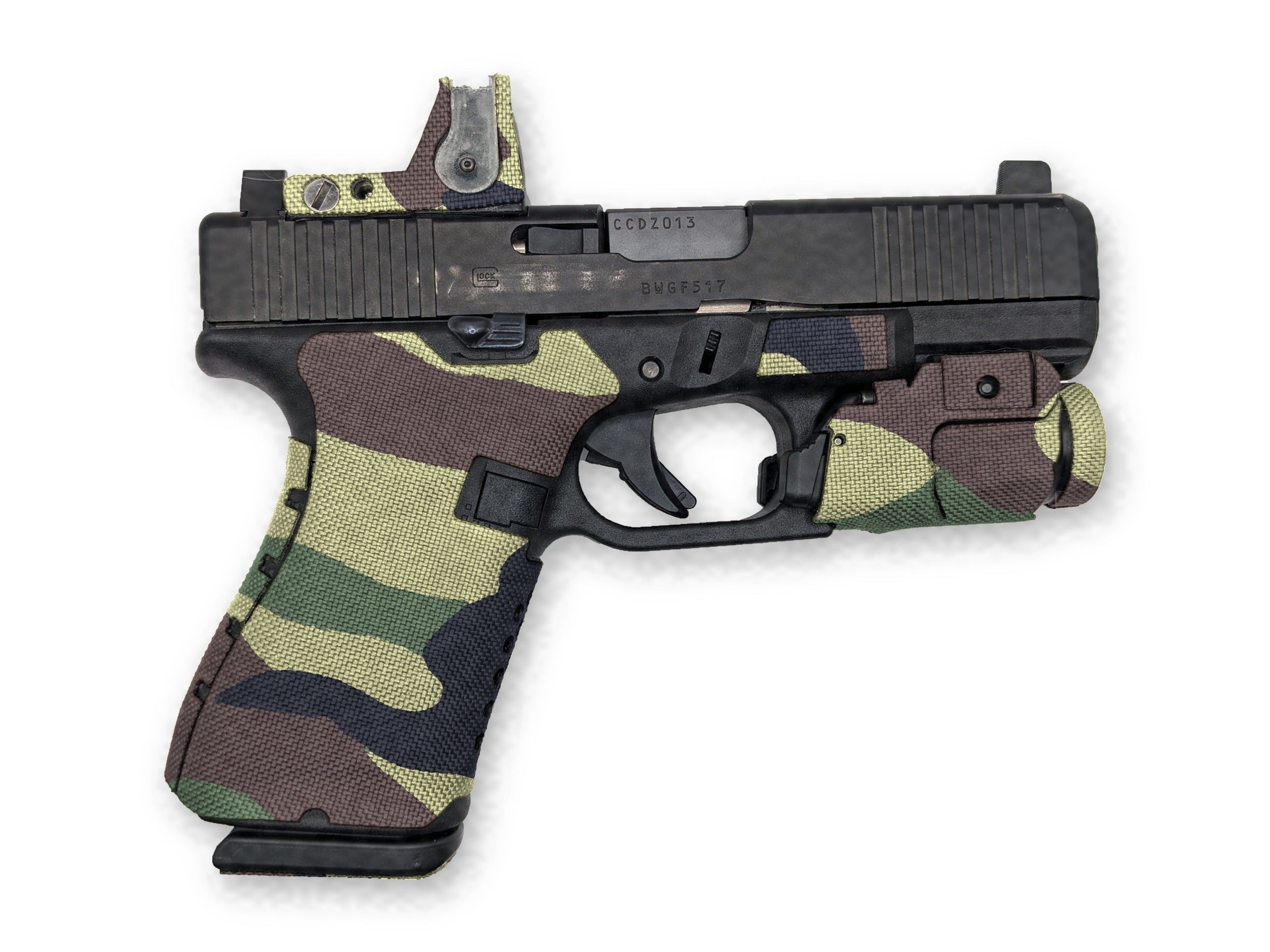 Grip Kit for GLOCK G19/G23/G32 Pistols - Cordura 1000D wrap installed on a Glock 19 Gen 5 in M81 Woodland - Combat Textiles