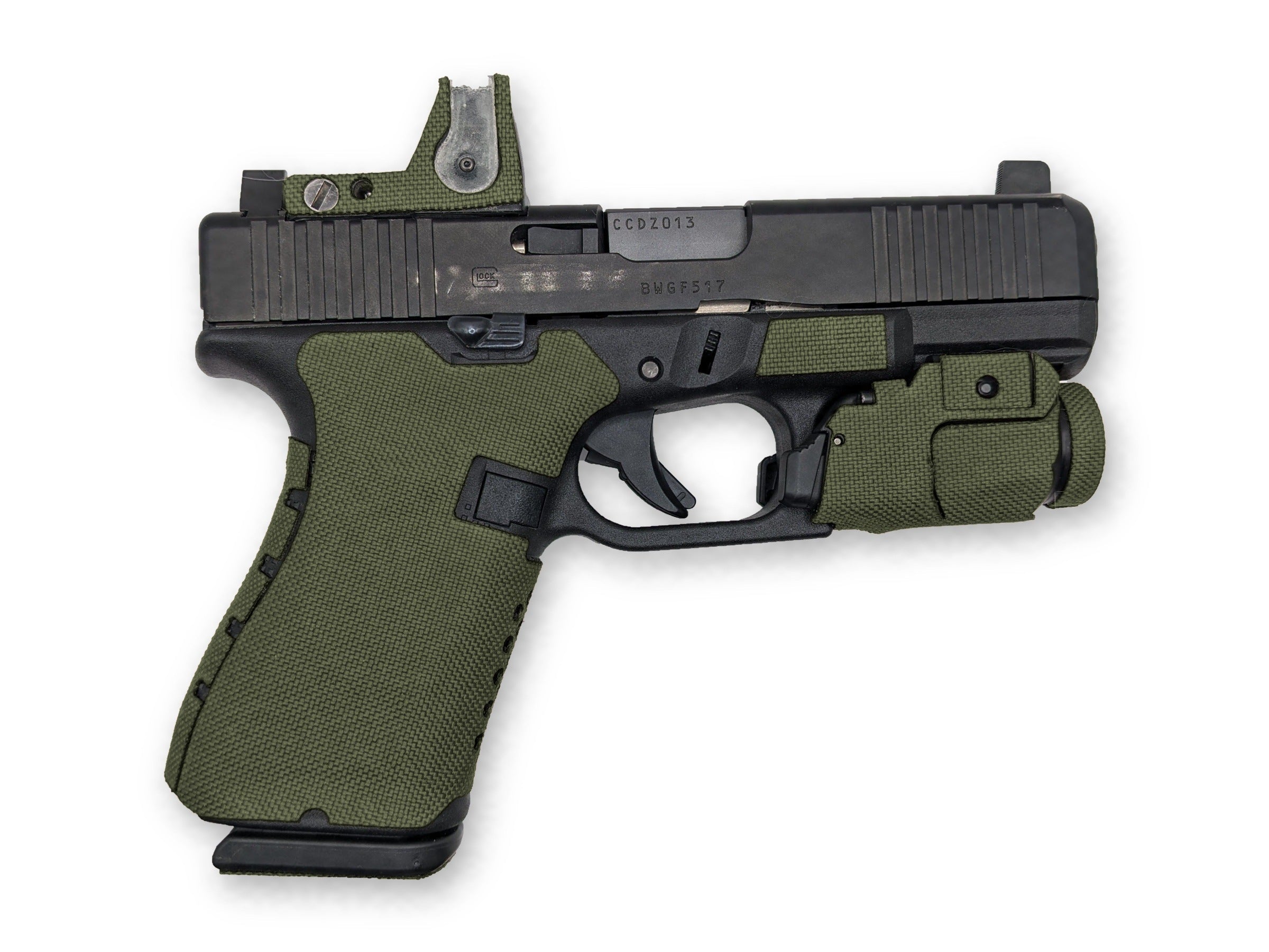 Grip Kit for GLOCK G19/G23/G32 Pistols - Cordura 1000D wrap installed on a Glock 19 Gen 5 in OD Green - Combat Textiles