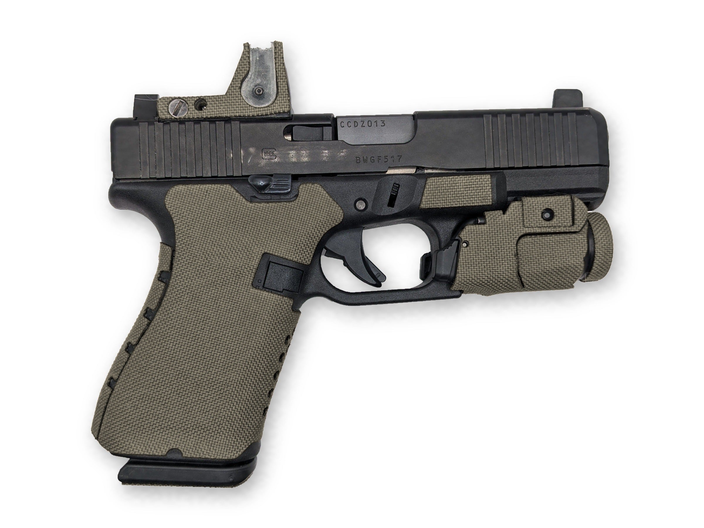 Grip Kit for GLOCK G19/G23/G32 Pistols - Cordura 1000D wrap installed on a Glock 19 Gen 5 in Ranger Green - Combat Textiles