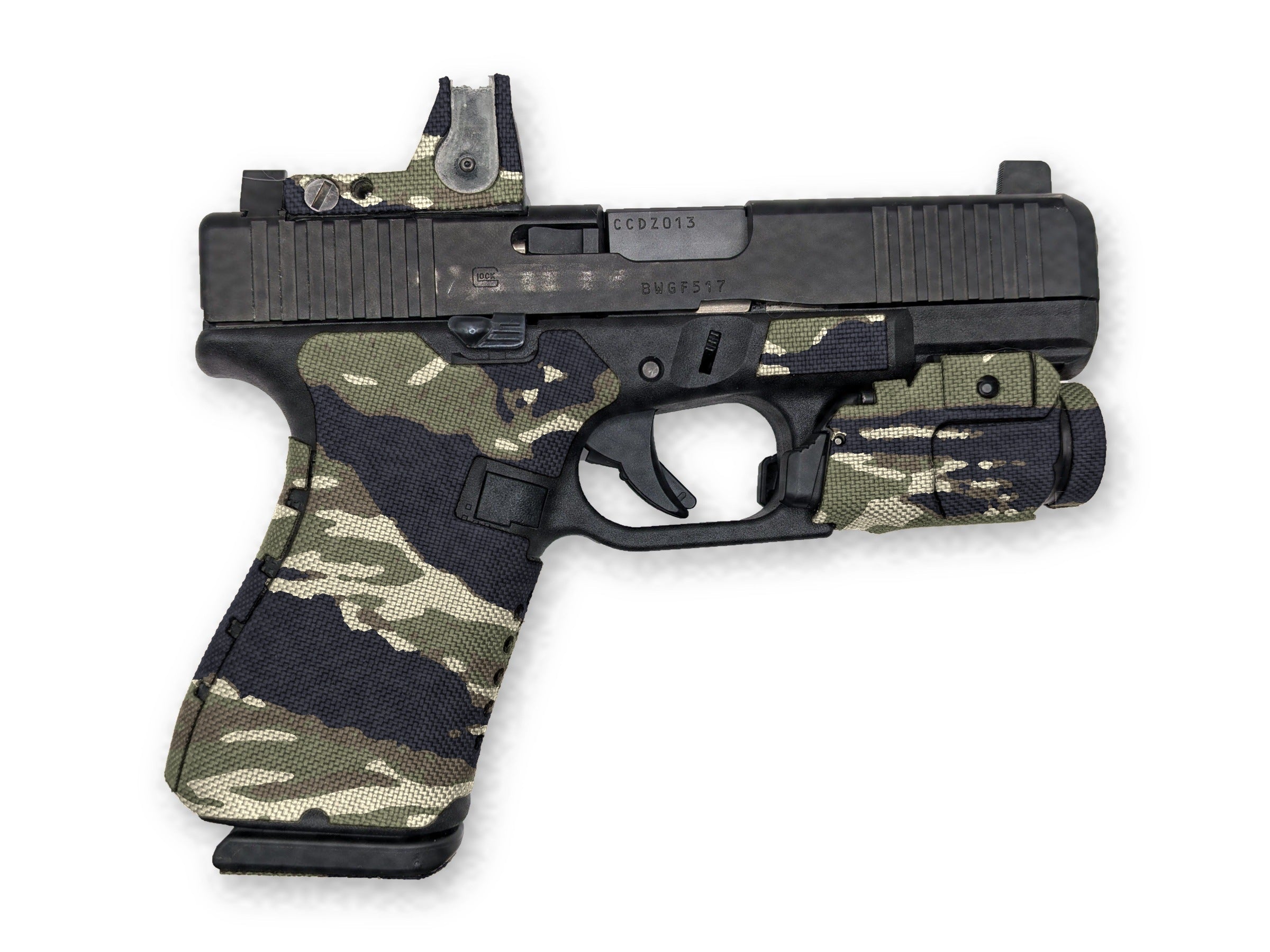 Grip Kit for GLOCK G19/G23/G32 Pistols - Cordura 1000D wrap installed on a Glock 19 Gen 5 in Tiger Stripe (Green/Black) - Combat Textiles