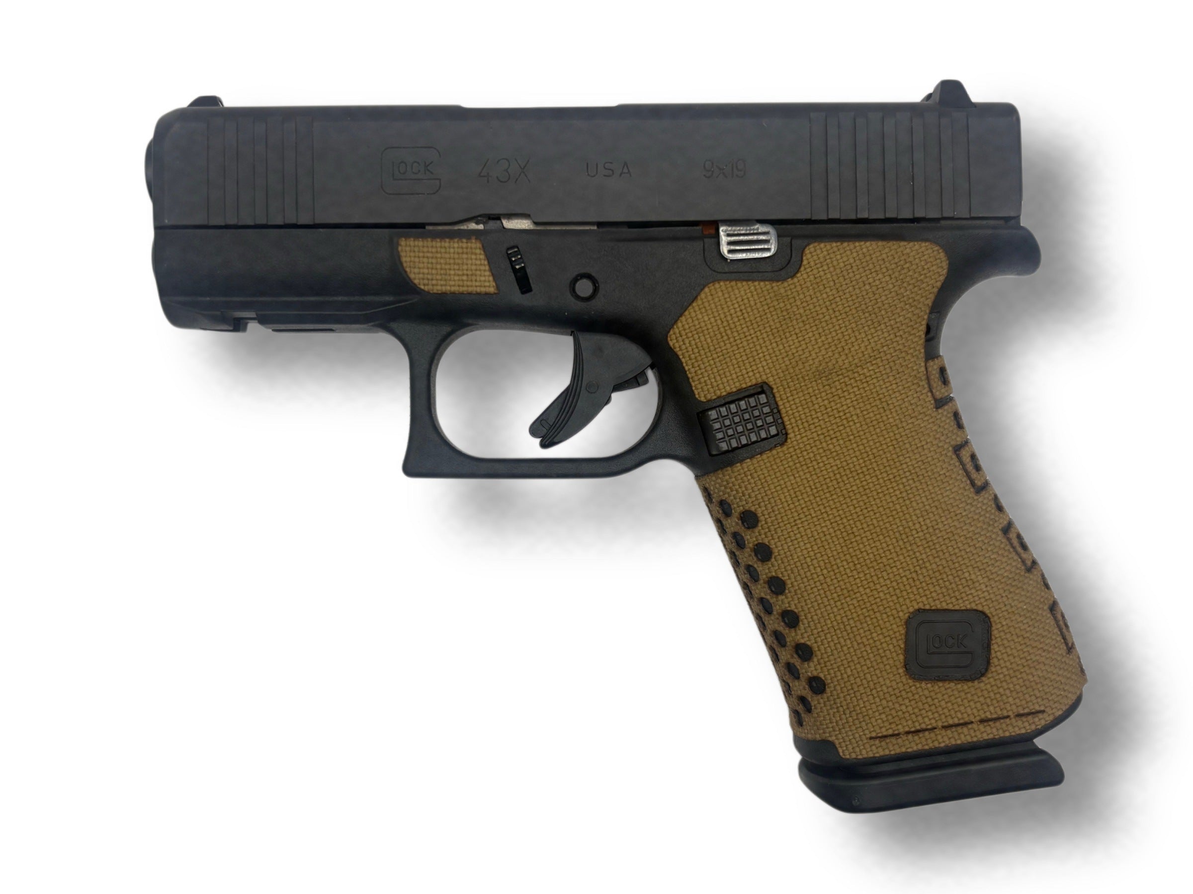 Grip Kit for GLOCK G43X/G48 Pistols - Cordura 1000D wrap installed on a Glock 43X in Coyote - Combat Textiles