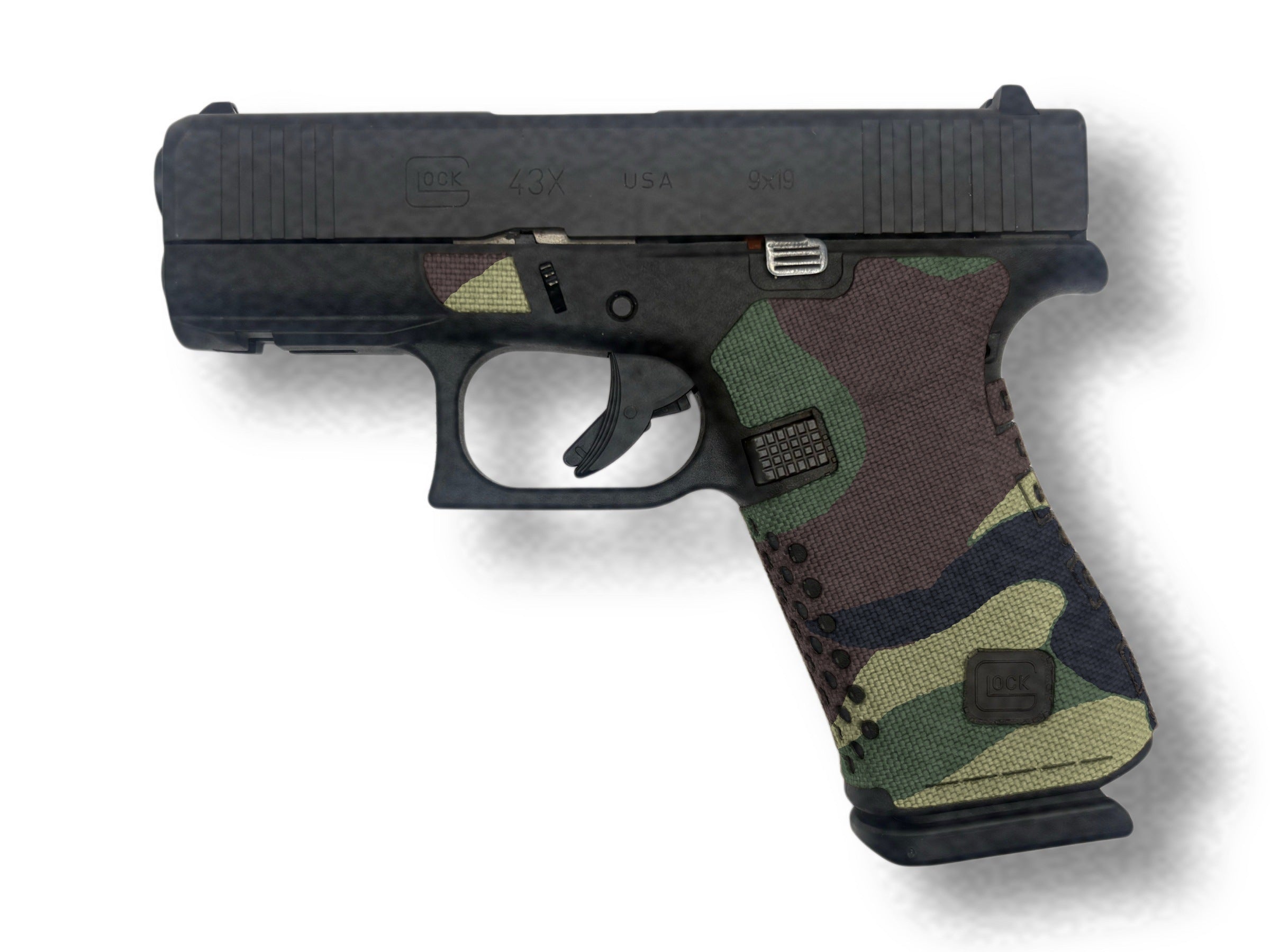 Grip Kit for GLOCK G43X/G48 Pistols - Cordura 1000D wrap installed on a Glock 43X in M81 Woodland - Combat Textiles