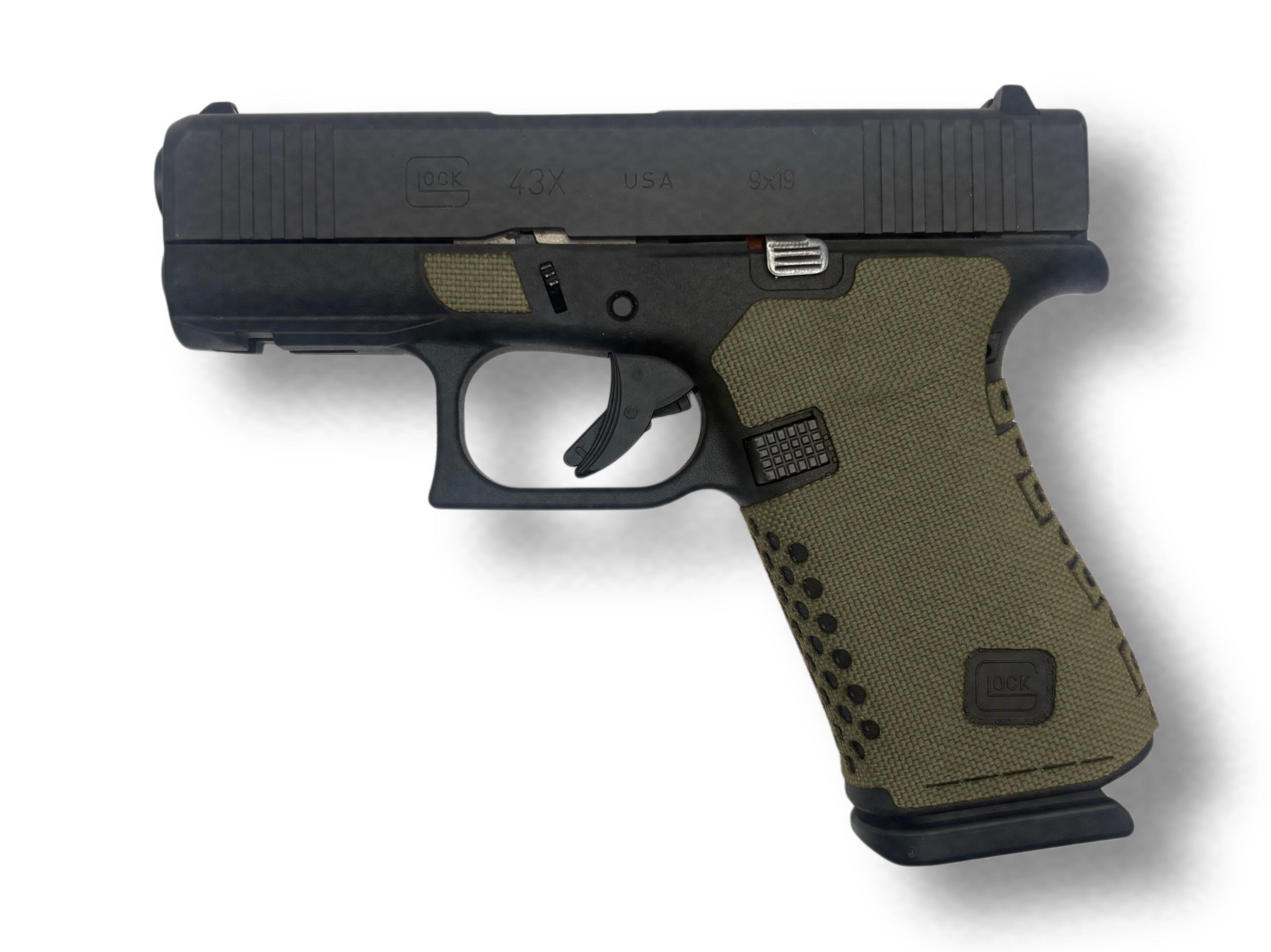Grip Kit for GLOCK G43X/G48 Pistols - Cordura 1000D wrap installed on a Glock 43X in Ranger Green - Combat Textiles