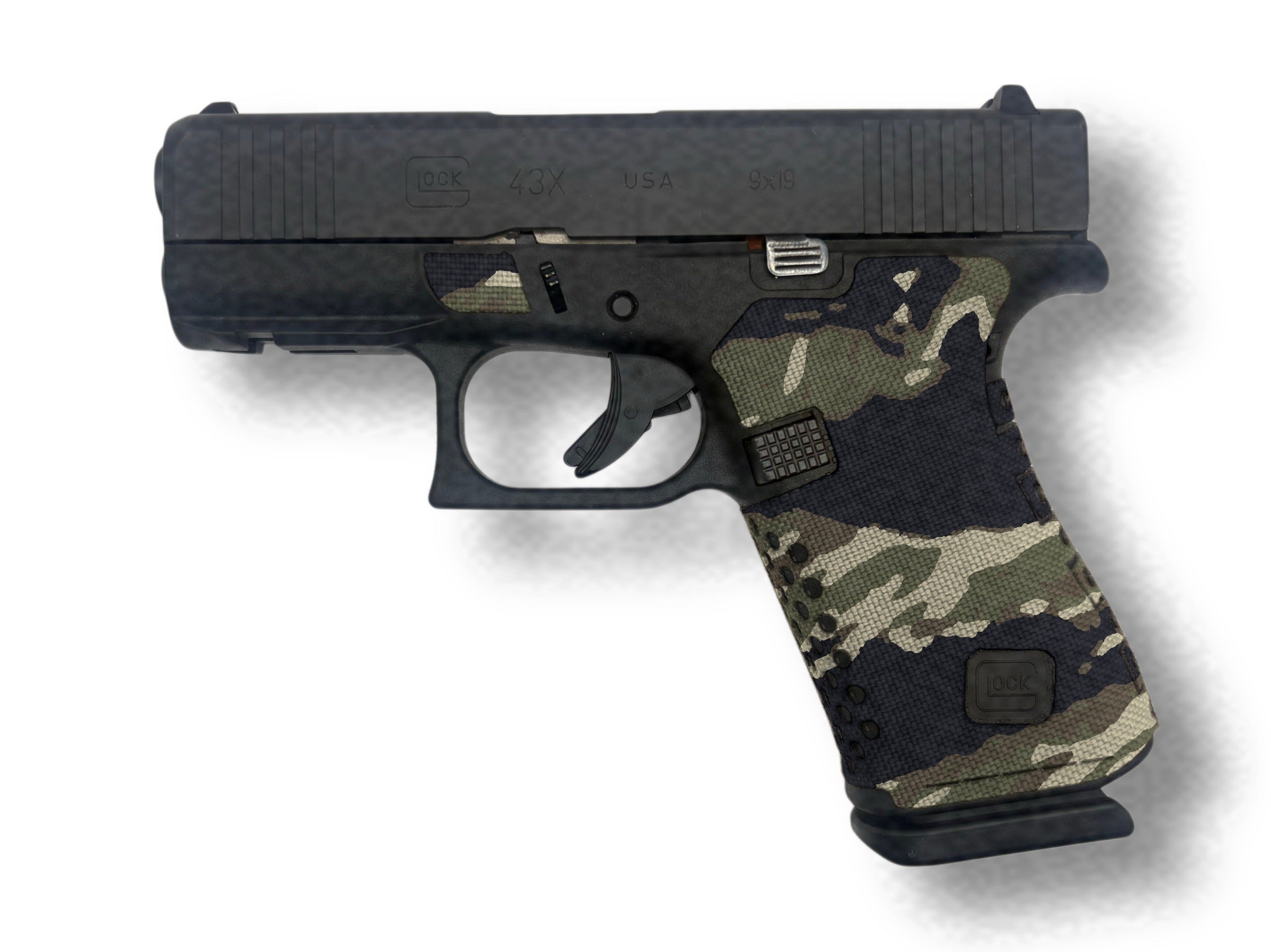 Grip Kit for GLOCK G43X/G48 Pistols - Cordura 1000D wrap installed on a Glock 43X in Tiger Stripe (Green/Black) - Combat Textiles