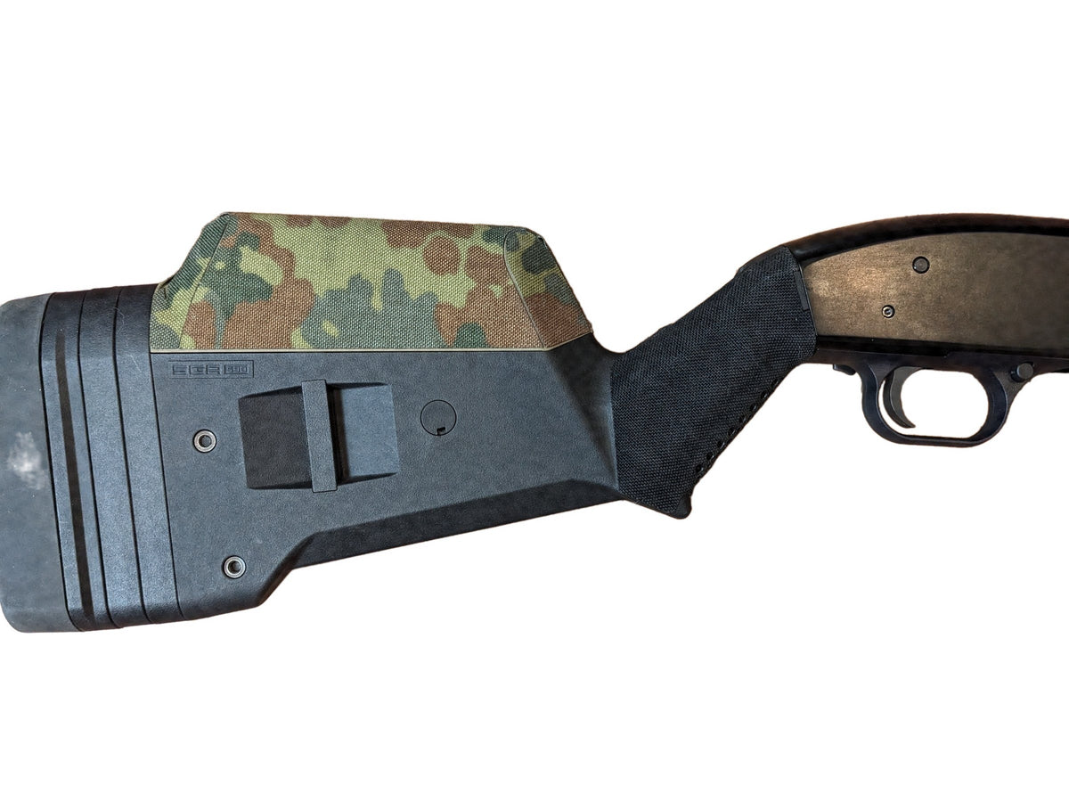 Magpul SGA stock with the cheek riser wrapped in Flecktarn and the grip in Black Cordura 1000D — Combat Textiles