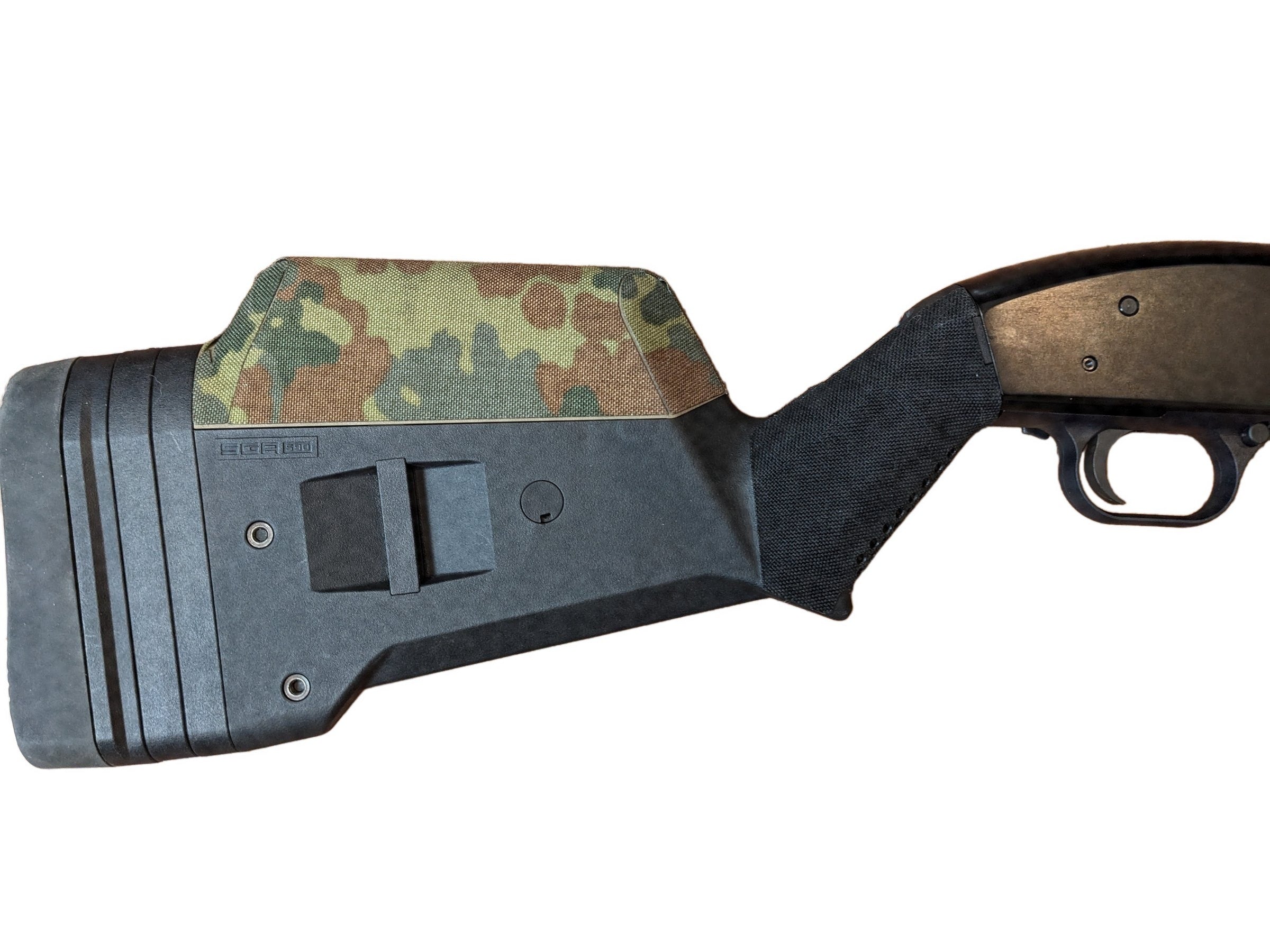 Magpul SGA stock with the cheek riser wrapped in Flecktarn and the grip in Black Cordura 1000D — Combat Textiles
