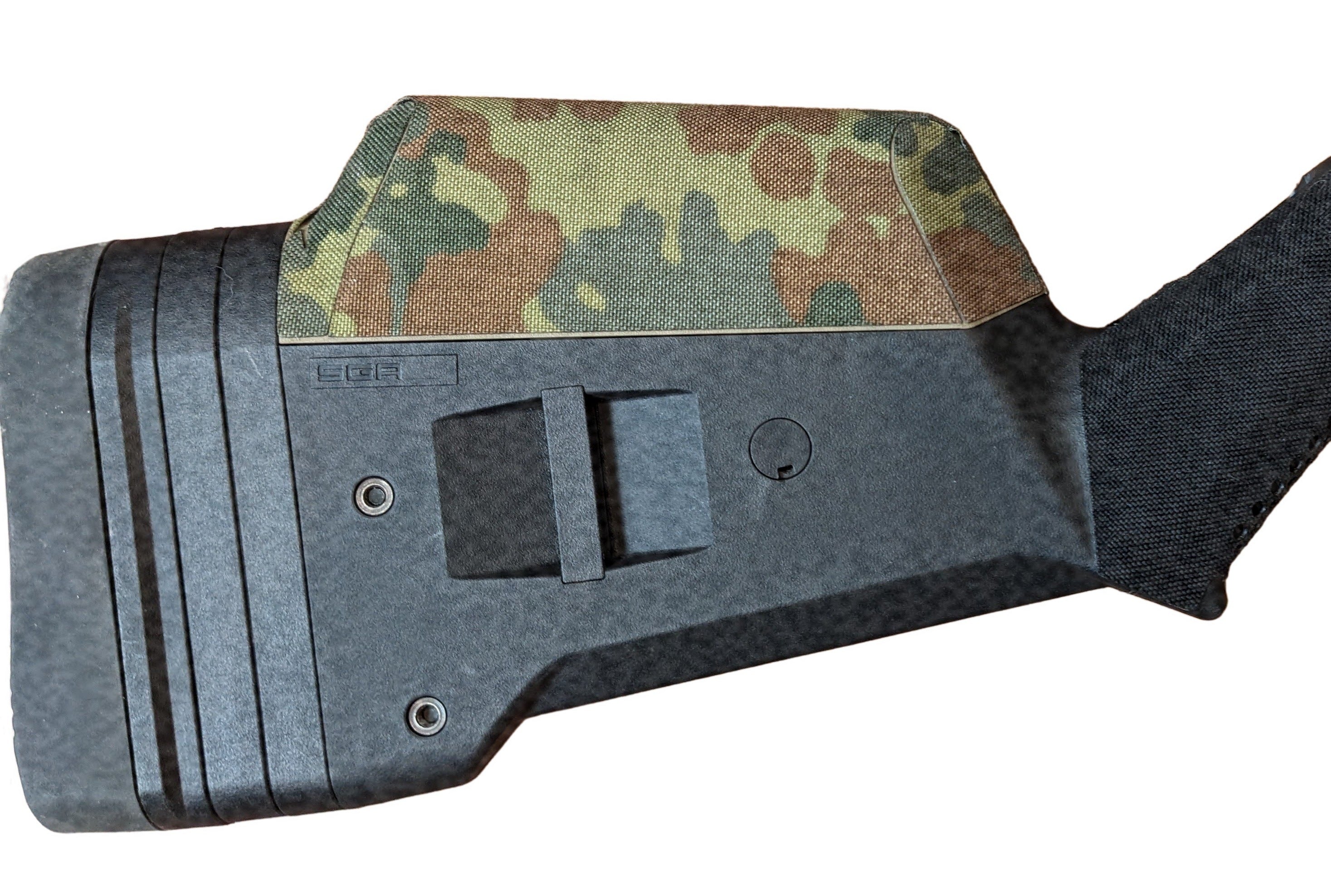 Magpul SGA stock for the Remington 870 with the cheek riser wrapped in Flecktarn and the grip in Black Cordura 1000D — Combat Textiles