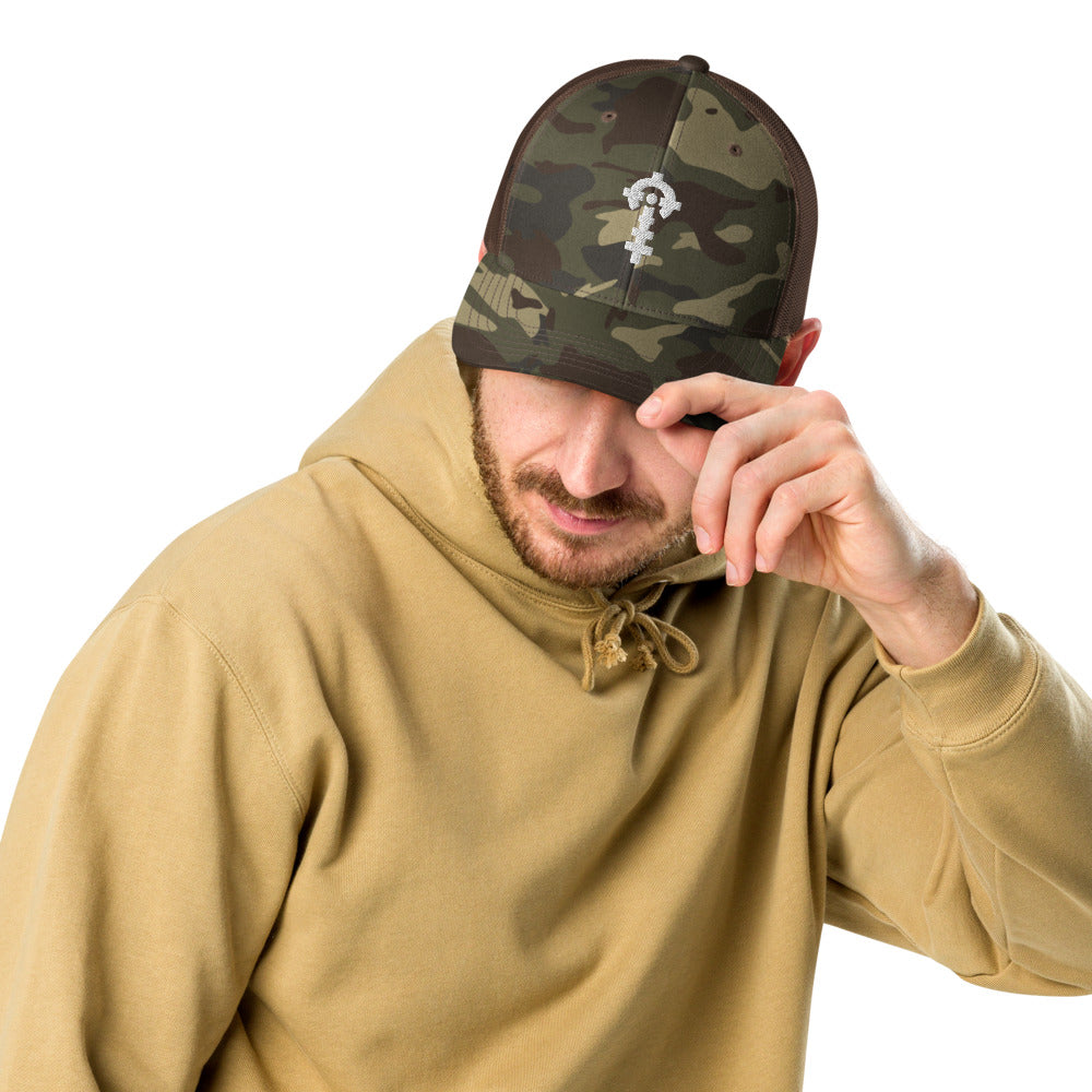 Combat Textiles Field Cap — Camo — Camo / Brown, worn, front — Combat Textiles