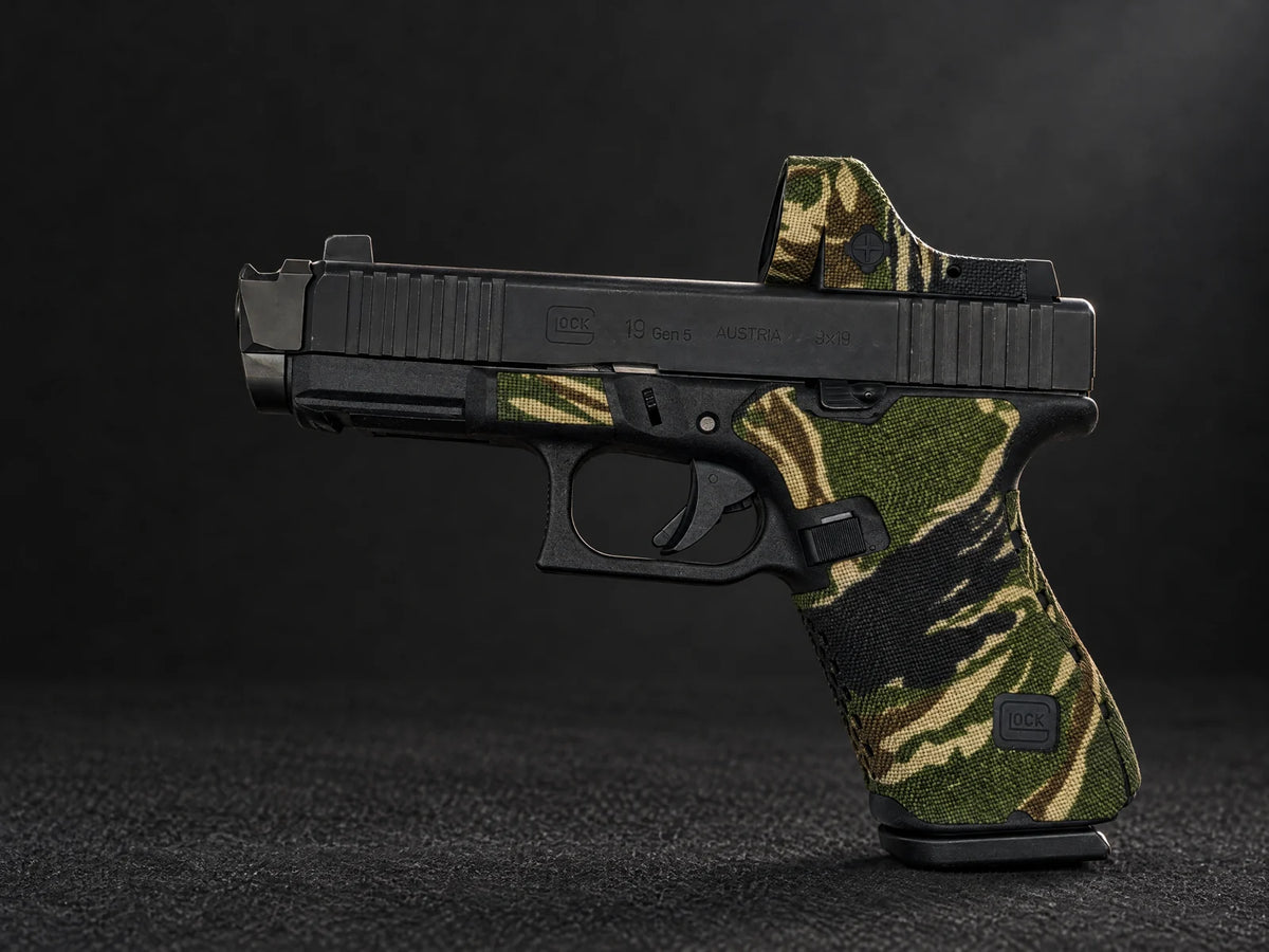 Glock 19 Gen 5 with Tiger Stripe Green Cordura 1000D grip wrap and red dot optic wrap — Combat Textiles