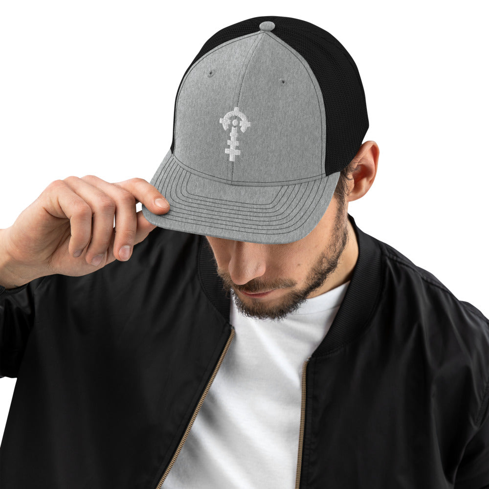 Combat Textiles Snapback — Heather Grey / Black, worn, front — Combat Textiles