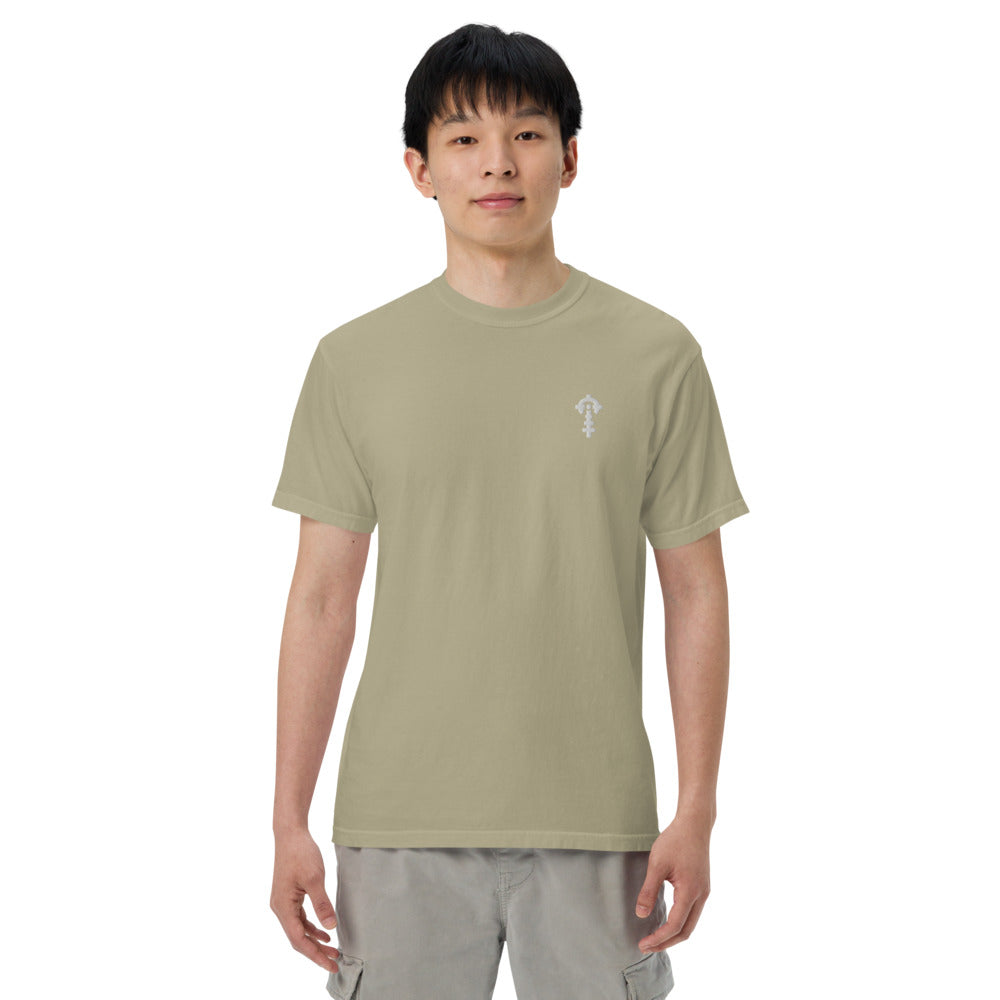 Combat Textiles Classic Tee — Embroidered — Khaki, worn, front — Combat Textiles