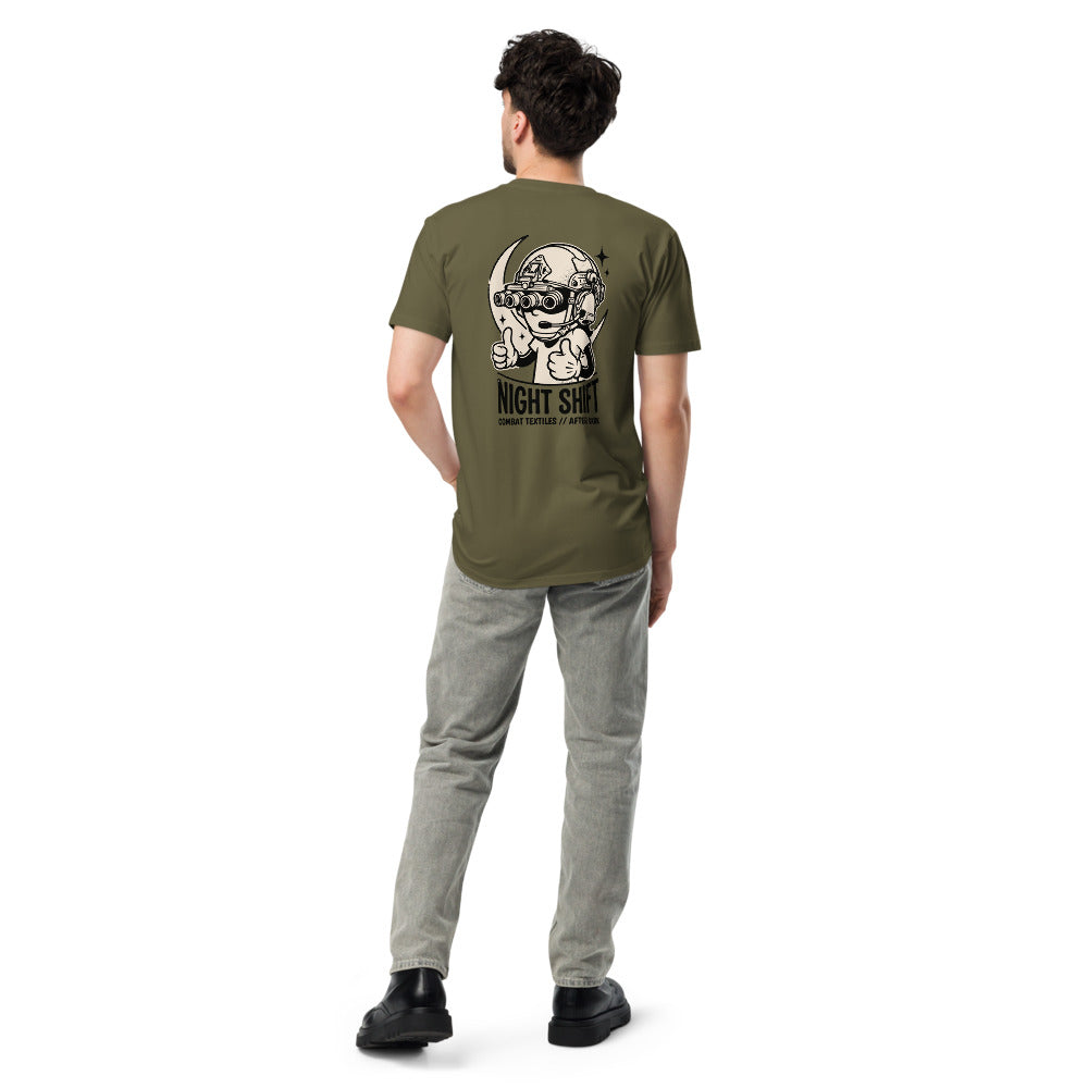 Night Shift Tee — Military Green, worn, back — Combat Textiles