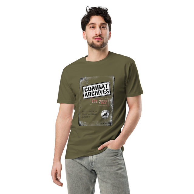 Combat Archives Tee — Military Green, worn, front — Combat Textiles