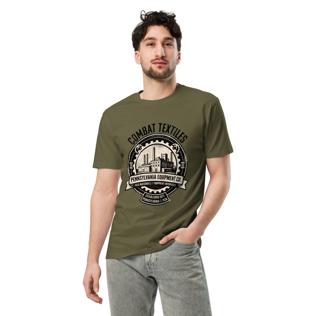 Pennsylvania Equipment Co. Tee — Military Green, worn, front — Combat Textiles
