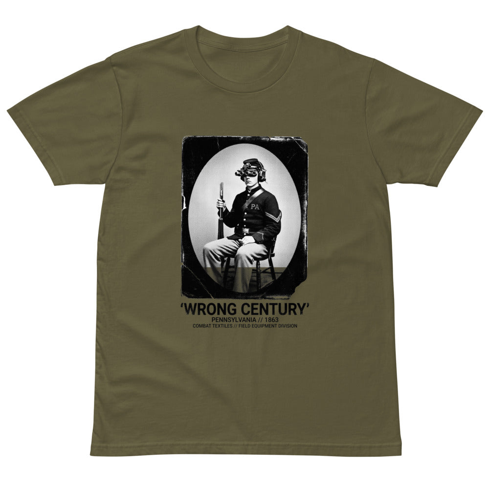 Wrong Century Tee — Pennsylvania 1863 — Military Green, front — Combat Textiles