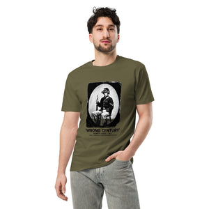 Wrong Century Tee — Pennsylvania 1863 — Military Green, worn, front — Combat Textiles