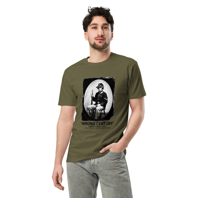 Wrong Century Tee — Pennsylvania 1863 — Military Green, worn, front — Combat Textiles