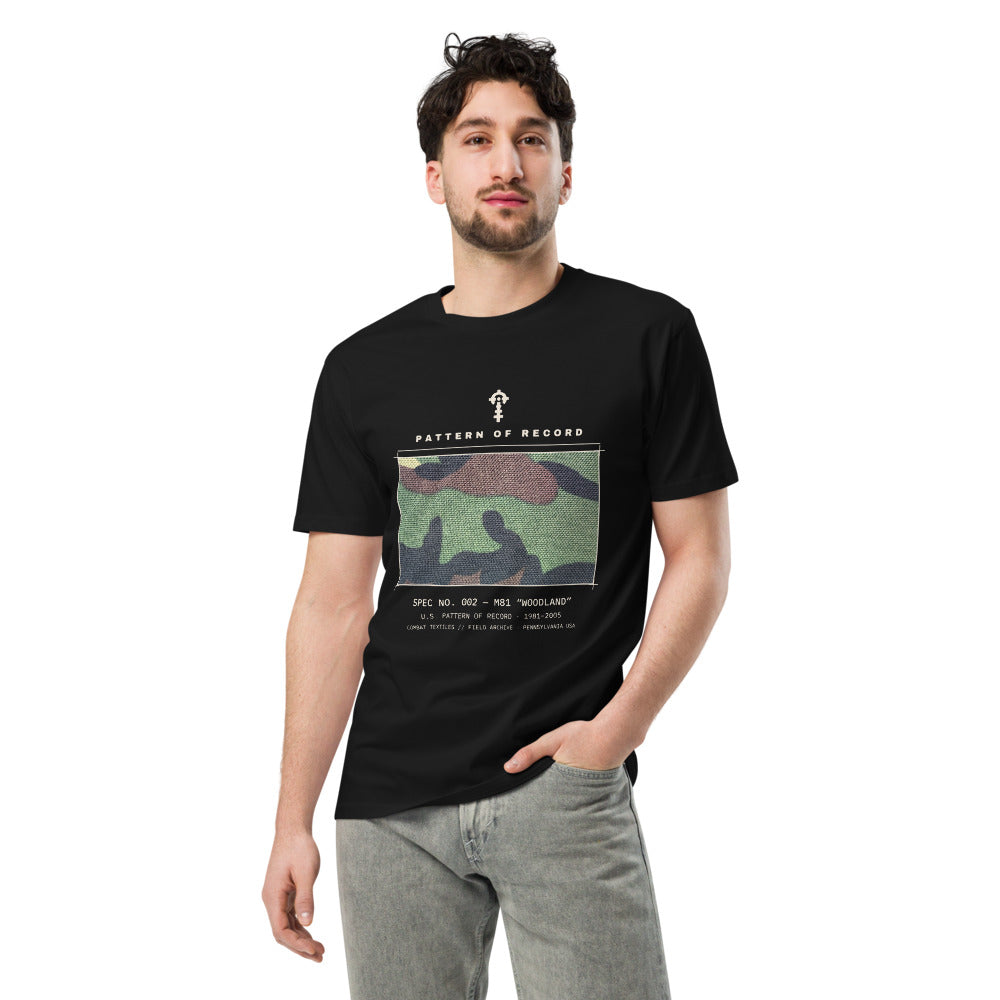 Pattern of Record Tee — No. 002 M81 Woodland, worn, front — Combat Textiles