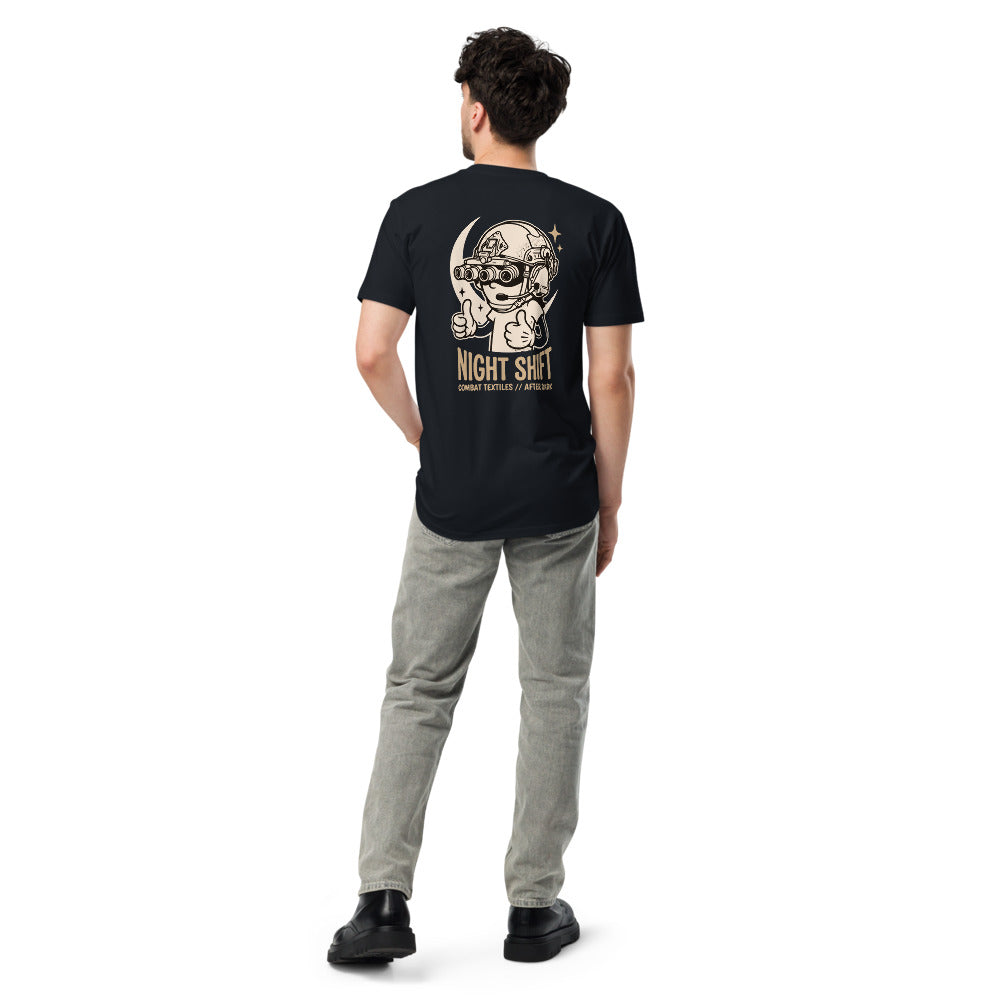 Night Shift Tee — Navy, worn, back — Combat Textiles